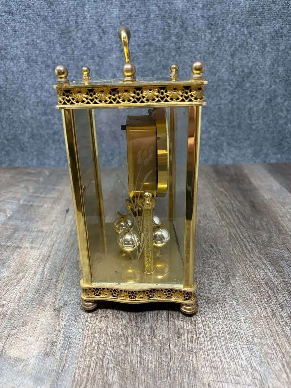 Haller Quartz Anniversary Mantel Clock Rotating Pendulum Glass brass W. Germany